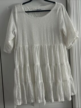 Amazing Lace White Sequin Pleated Babydoll Mini Dress